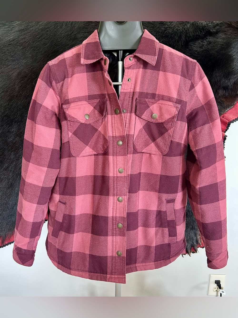 Duluth Trading Company Folklore Flannel Insulated Shirt Jacket Maroon Buffalo